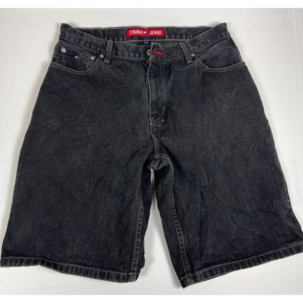 Vintage Tommy Hilfiger Men 34 Black Denim Relaxed Fit Carpenter Shorts 90's